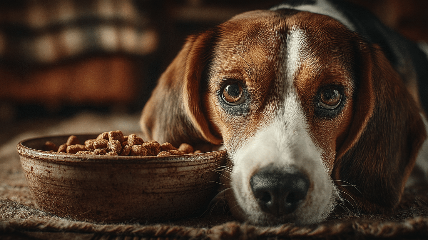 un chien posé a coté de sa gamelle de croquette